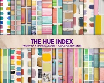 The Hue Index - Pastel Watercolor Grid Papers, File Tab Stripes, Rainbow Swatches, Digital Paper Pack for Junk Journals