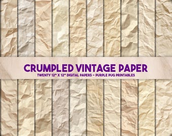 Crumpled Vintage Paper - Seamless vintage crumpled paper textures, aged neutral backgrounds, digital scrapbook paper, printable junk journal
