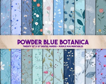 Powder Blue Botanica - Seamless Pastel Floral Digital Paper, Botanical Scrapbook Background, Soft Blue Pink Flower Pattern, Instant Download