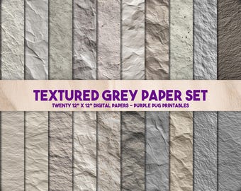Textured Grey Paper Set - Seamless grey digital paper, crumpled textures, neutral backgrounds, grunge journal paper, printable sheets