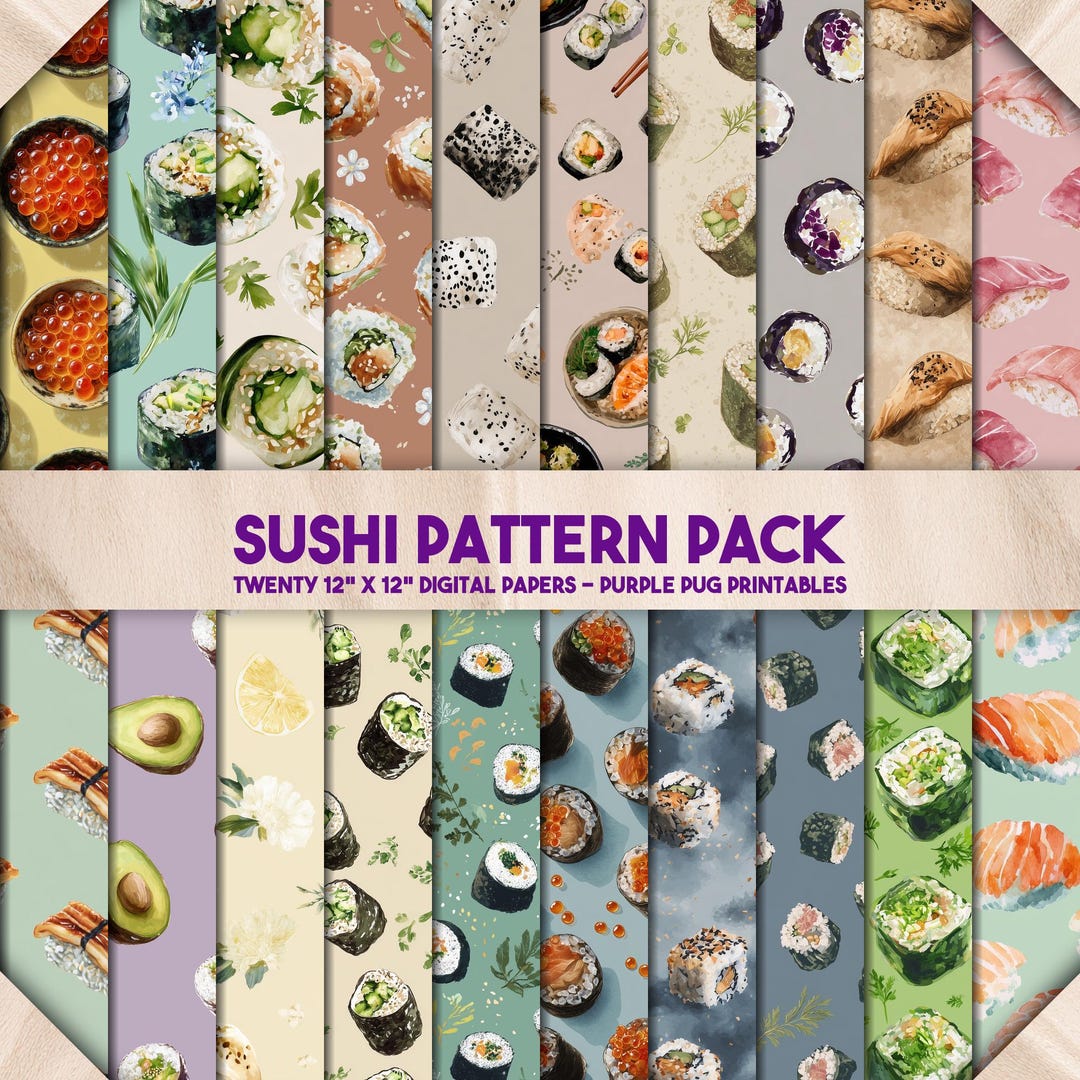 寿司パターンパック – シームレスな寿司のデジタルペーパー、かわいい食べ物のパターン、かわいい弁当の背景、手描きの日本のスナックアイコン - Etsy  日本, image size:1080x1080