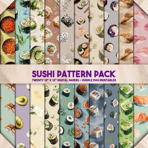 Pack de motifs de sushis - Papier numérique transparent pour sushis, motifs d'aliments mignons, arrière-plans bento kawaii, icônes de collations japonaises peintes à la main