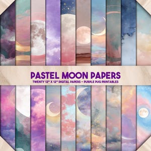 Pastel Moon Papers – Aquarel hemelse maanachtergronden, pastelkleurige nachthemelpapieren, dromerige wolkentexturen voor digitale journaling en prints