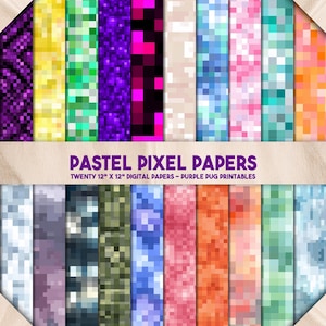 Pastel Pixel Papers – Seamless pixel art digital paper pack, pastel gradients, retro neon blocks, digital mosaic textures for printables