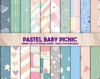 Pastel Baby Picnic - Pastel Baby Digital Paper, Nursery Scrapbook Papers, Cute Clouds Stars Hearts, Baby Shower Backgrounds