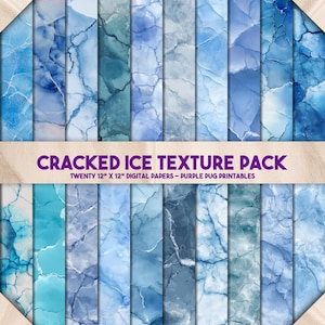 Può includere: Una collezione di venti carte digitali da 30,5 cm x 30,5 cm con una texture di ghiaccio crepato in tonalità blu e bianco. Il testo "CRACKED ICE TEXTURE PACK" è visualizzato, con "TWENTY 12" X 12" DIGITAL PAPERS - PURPLE PUG PRINTABLES" sotto.