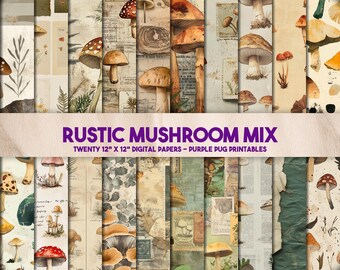 Rustic Mushroom Mix – Mushroom Ephemera Digital Paper Pack, Junk Journal Kit, Forest Scrapbook Pages, Vintage Nature Collage Set