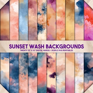 May include: A collection of twenty 12" x 12" digital papers featuring sunset wash backgrounds. The papers display a variety of watercolor-style designs in shades of orange, pink, blue, and purple. Text on the image reads "SUNSET WASH BACKGROUNDS".