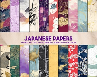 Japanese Papers - Japanese washi paper pack, origami textures, chiyogami patterns, digital paper for junk journals & crafts