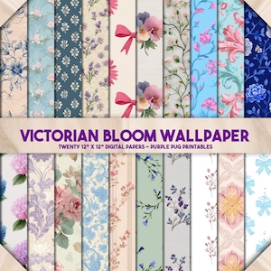Papel tapiz Victorian Bloom: paquete de papel digital floral vintage sin costuras, páginas de álbum de recortes en tonos pastel, kit de diario basura y efímeras de lazos y cintas.