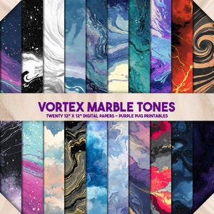 May include: A collection of twenty 12" x 12" digital papers with vortex marble designs. The papers feature a variety of colors, including purple, blue, black, and gold. The text "VORTEX MARBLE TONES" and "TWENTY 12" X 12" DIGITAL PAPERS - PURPLE PUG PRINTABLES" are displayed.
