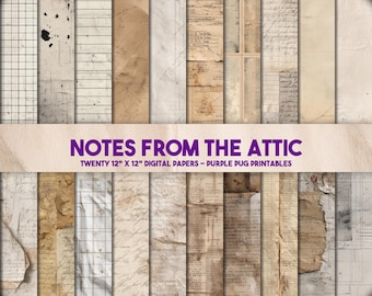 May include: A collection of twenty 12" x 12" digital papers with a vintage aesthetic. The papers feature various textures, including lined paper, graph paper, and aged documents in shades of beige, brown, and cream. The text "NOTES FROM THE ATTIC" is displayed across the image.