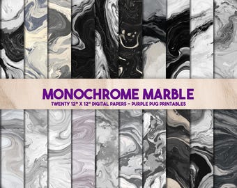 Mármol monocromático: papel digital de mármol negro y gris sin costuras, texturas de remolino de lujo, fondo de piedra abstracto, álbum de recortes imprimible