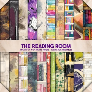 May include: A collection of twenty 12" x 12" digital papers with a book theme. The papers feature watercolor illustrations of books, bookshelves, and related imagery in various colors, including purple, green, and orange. The text "THE READING ROOM" is displayed.