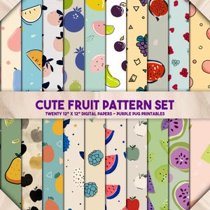 Cute Fruit Pattern Set – Seamless cartoon fruit digital paper, cute food patterns, watermelon, berries, citrus, kids background, kawaii