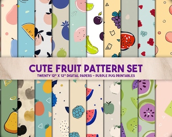 Cute Fruit Pattern Set – Seamless cartoon fruit digital paper, cute food patterns, watermelon, berries, citrus, kids background, kawaii