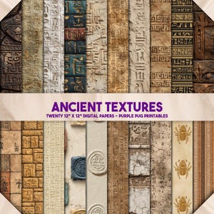 Könnte beinhalten: Eine Sammlung von zwanzig digitalen Papieren mit den Maßen 30,48 cm x 30,48 cm mit altägyptischen Texturen. Die Papiere zeigen verschiedene Stein- und Papyrusmuster mit Hieroglyphen, Skarabäen und Siegeln in Braun-, Beige- und Türkistönen. Der Text "ANCIENT TEXTURES" wird in Lila angezeigt.