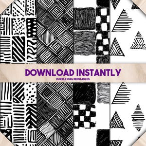 May include: A collection of black and white patterned digital papers. The designs include geometric shapes, lines, and textures. The text "DOWNLOAD INSTANTLY" and "PURPLE PUG PRINTABLES" are displayed in purple.