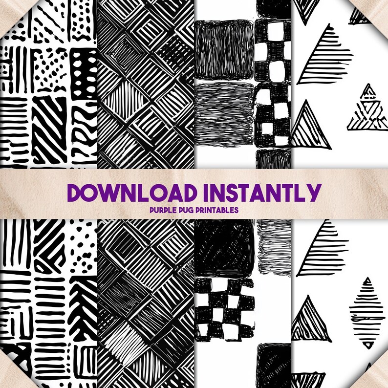 May include: A collection of black and white patterned digital papers. The designs include geometric shapes, lines, and textures. The text "DOWNLOAD INSTANTLY" and "PURPLE PUG PRINTABLES" are displayed in purple.