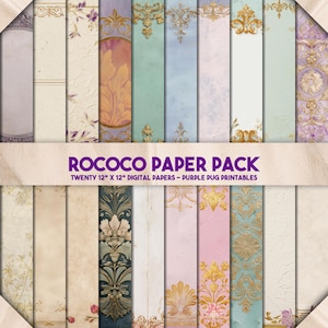 May include: A collection of twenty 12" x 12" digital papers with Rococo designs. The papers feature a variety of colors, including purple, gold, and teal, with ornate patterns and textures. The text "ROCOCO PAPER PACK" is displayed.