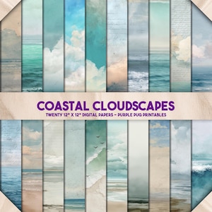 May include: Digital paper set titled "Coastal Cloudscapes" featuring twenty 12" x 12" designs. The designs showcase watercolor illustrations of ocean scenes, clouds, and beach landscapes in shades of blue, teal, and beige.