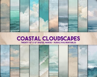 Coastal Cloudscapes - ocean sky watercolor backgrounds, beach scene digital paper, sea horizon textures, coastal scrapbook paper