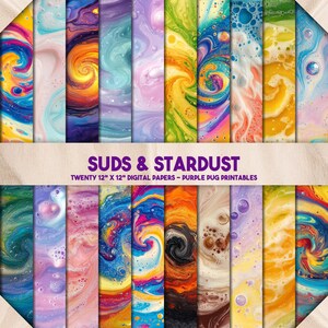 Suds & Stardust - Abstract Swirl Digital Paper, Soap Art Texture Backgrounds, Colourful Marbled Paper for Junk Journals, Instant Download