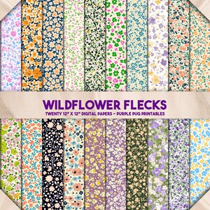 May include: Twenty digital papers featuring a variety of floral patterns in different colors. The papers are 12 inches by 12 inches and are labeled "Wildflower Flecks - Purple Pug Printables".