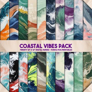 Coastal Vibes Pack - Abstract Ocean Wave Digital Papers, Fluid Art Textures, Beach Scrapbook Backgrounds, Instant Download
