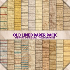 May include: A collection of twenty digital papers, each 12" x 12", featuring a vintage lined paper design. The papers vary in color, from light yellow to brown, with horizontal lines and some with colored vertical lines. The text "OLD LINED PAPER PACK" is displayed.