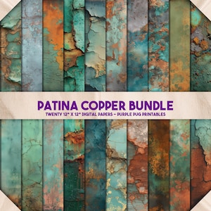 Peut inclure: Vingt papiers numériques de 30,5 cm x 30,5 cm avec un motif de cuivre patiné. Les papiers présentent une variété de couleurs, notamment le bleu sarcelle, le marron et le gris, avec un aspect vieilli et usé. Le texte "PATINA COPPER BUNDLE" est affiché.