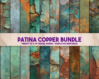 May include: A collection of twenty 12" x 12" digital papers with a patina copper design. The papers feature a variety of colors including teal, brown, and gray, with a distressed, weathered appearance. The text "PATINA COPPER BUNDLE" is displayed.