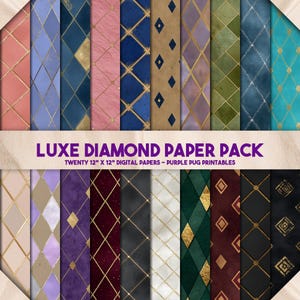 Paquete de papel de diamante de lujo: paquete de papel digital sin costuras, patrones de diamantes con lámina de oro, texturas kraft de lujo, fondos en tonos joya, vintage