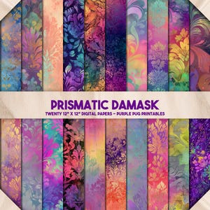 Prismatic Damask - Regenbogen Foil Damask Digital Papier, Nahtlose holographische Hintergründe, Glitzer Verlaufstexturen, Junk Journal Pack