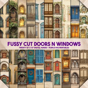 Può includere: Set di carte digitali con illustrazioni ad acquerello di porte e finestre. La collezione include venti design da 30,48 cm x 30,48 cm con vari stili architettonici, tra cui porte ad arco, persiane e accenti floreali. Il testo recita "FUSSY CUT DOORS N WINDOWS".