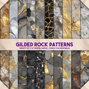 Motifs de roche dorée - Papier numérique sans couture en pierre minérale, roche fissurée avec veines d'or, obsidienne, pyrite, textures géode design fantastique