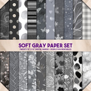 Puede incluir: Un conjunto de veinte papeles digitales de 30,48 cm x 30,48 cm en varios patrones grises suaves. Los diseños incluyen lunares, rayas, mariposas, corazones, copos de nieve, estrellas y motivos florales. El texto "SOFT GRAY PAPER SET" está visible.