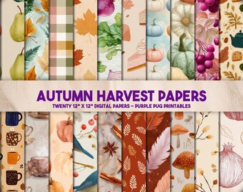 May include: A collection of twenty 12 x 12 inch digital papers with an autumn harvest theme. The papers feature watercolor illustrations of pumpkins, pears, leaves, and other fall elements. The text "AUTUMN HARVEST PAPERS" is displayed in purple.