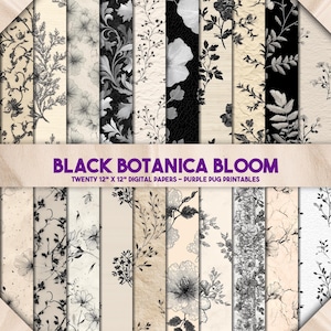 Black Botanica Bloom - papier numérique sans couture dentelle florale vintage, motifs botaniques noir et blanc, arrière-plans de journaux indésirables