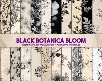 Black Botanica Bloom - Vintage Floral Spitze Digitales Papier, Schwarz-Weiße botanische Muster, Junk-Journal-Hintergründe