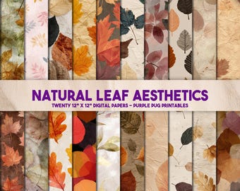 May include: A collection of twenty 12" x 12" digital papers featuring various leaf designs in autumnal colors. The papers showcase a range of textures and patterns, with the text "NATURAL LEAF AESTHETICS" and "PURPLE PUG PRINTABLES" displayed prominently.