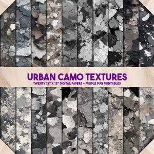 Pode incluir: Uma coleção de vinte papéis digitais de 30,5 cm x 30,5 cm com texturas de camuflagem urbana em tons de cinza, preto e branco. Os papéis têm uma aparência desgastada e rachada. O texto "URBAN CAMO TEXTURES" está presente.