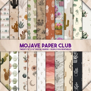 Mojave Paper Club - Seamless Desert Cactus Digital Paper Pack, Succulent Scrapbook Pages, Boho Junk Journal Kit, Printable Backgrounds