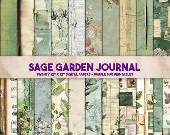 May include: A set of twenty 12x12 inch digital papers featuring a sage green and white colour scheme with floral and botanical patterns. The papers are titled "Sage Garden Journal" and are for digital use only.