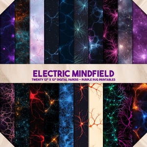 May include: A collection of twenty 12" x 12" digital papers with vibrant, abstract designs. The papers feature a variety of colors, including purple, blue, orange, and pink, with patterns resembling neural networks. The text "ELECTRIC MINDFIELD" is displayed.
