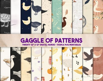 Gaggle of Patterns - Papel digital con estampado de ganso, páginas de álbum de recortes de animales de granja sin costuras, imprimible para guardería, texturas rústicas, descarga instantánea