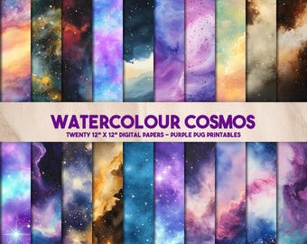 Acuarela Cosmo - Paquete de papel de acuarela de galaxia, fondos de nebulosa pintados a mano, diario celestial, descarga instantánea, textura cósmica