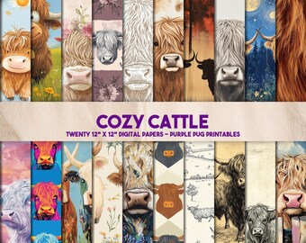 Cozy Cattle - Highland Cow Digital Paper Pack, Rustic Farmhouse Scrapbook Backgrounds, Cute Cow Patterns, Instant Download