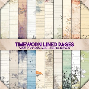 Timeworn Lined Pages - Linierte Junk Journal Seiten, Vintage Ephemera Paper Pack, Celestial Botanical Digital Paper, Instant Download
