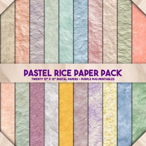 May include: A collection of twenty digital papers in pastel colors, each measuring 12 x 12 inches. The papers have a textured, rice paper appearance. The text "PASTEL RICE PAPER PACK" is displayed across the image.